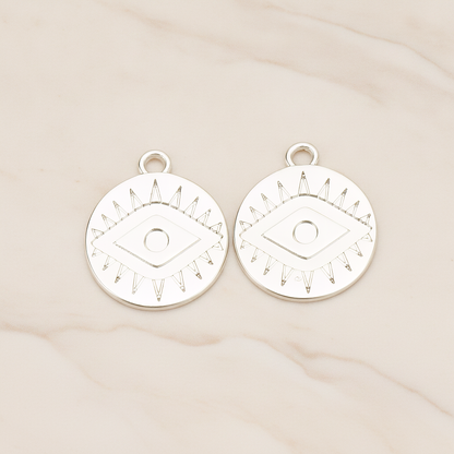 Aztec Eye Symbol in Round Circle Disk Coin Charm Pendant, 2Pc on warm marble background (PD.1749)