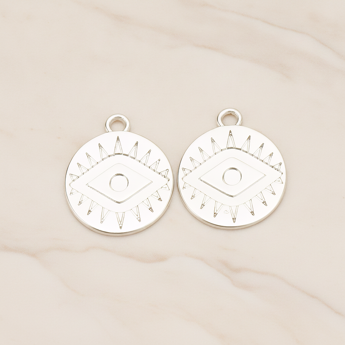 Aztec Eye Symbol in Round Circle Disk Coin Charm Pendant, 2Pc on warm marble background (PD.1749)
