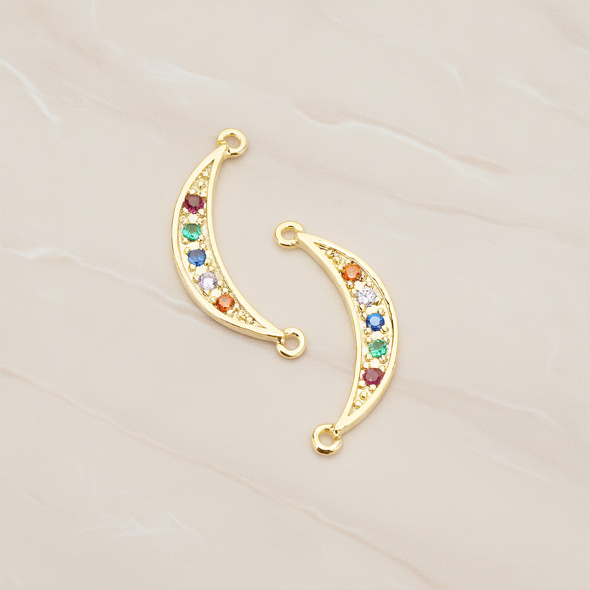 Chakra Colorful Cubic Crescent Moon Connector Pendant, 2Pc on warm marble background (PD.1765)