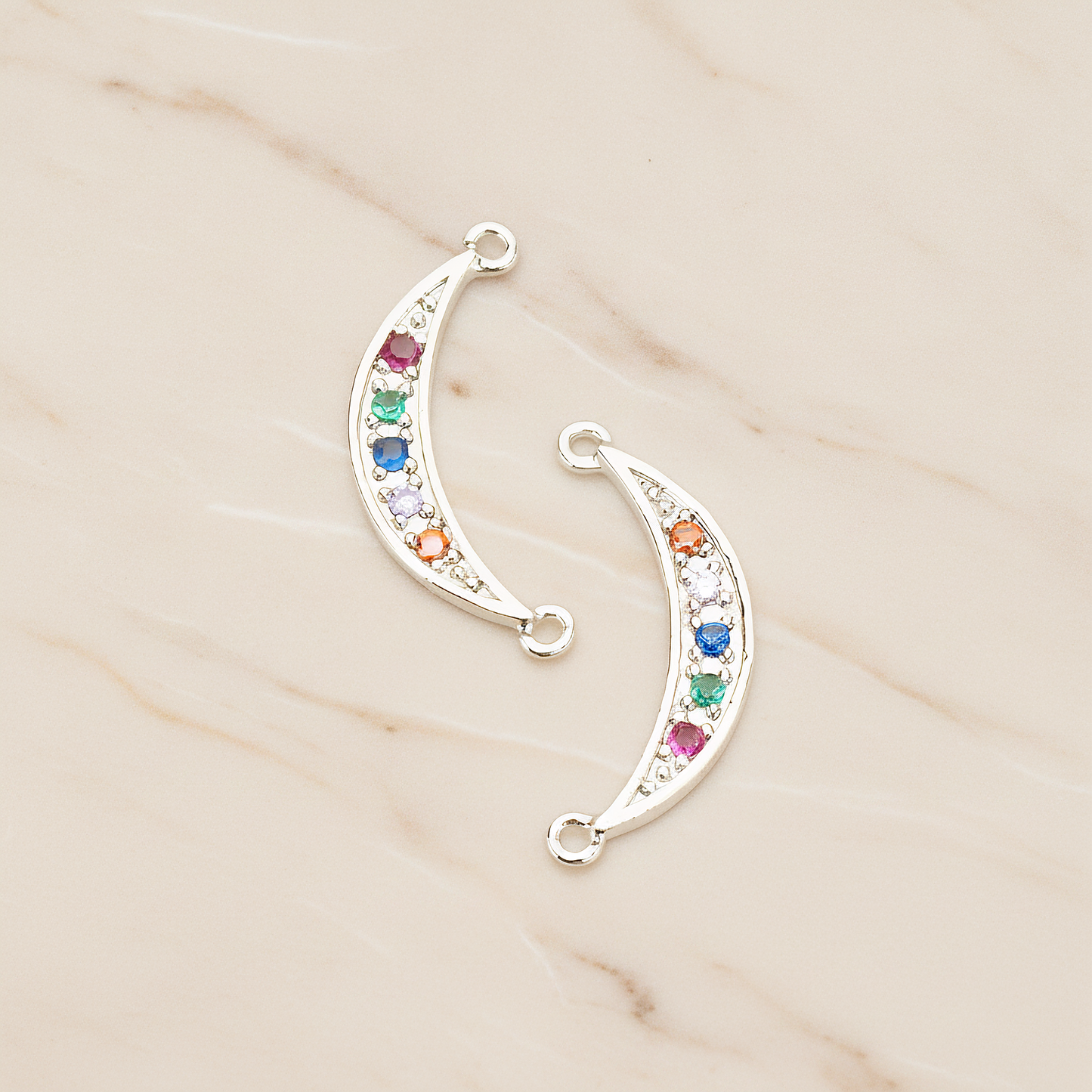 Chakra Colorful Cubic Crescent Moon Connector Pendant, 2Pc on warm marble background (PD.1765)
