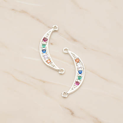 Chakra Colorful Cubic Crescent Moon Connector Pendant, 2Pc on warm marble background (PD.1765)