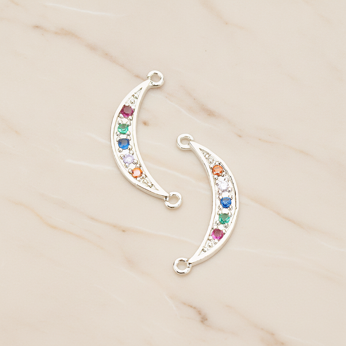 Chakra Colorful Cubic Crescent Moon Connector Pendant, 2Pc on warm marble background (PD.1765)