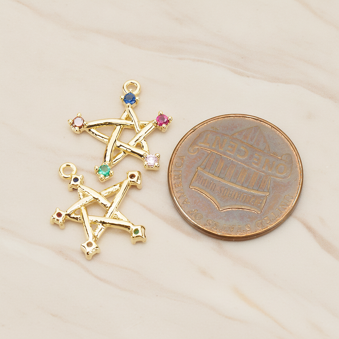 Chakra Colorful Cubic Unique Star Pendant, 2Pc on warm marble background (PD.1766)