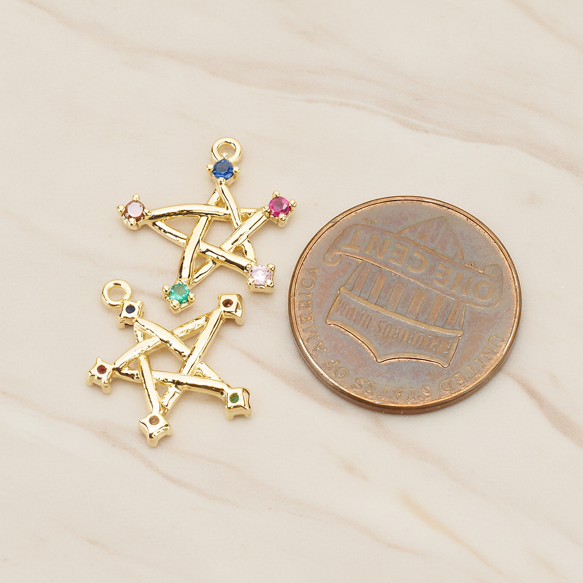 Chakra Colorful Cubic Unique Star Pendant, 2Pc on warm marble background (PD.1766)