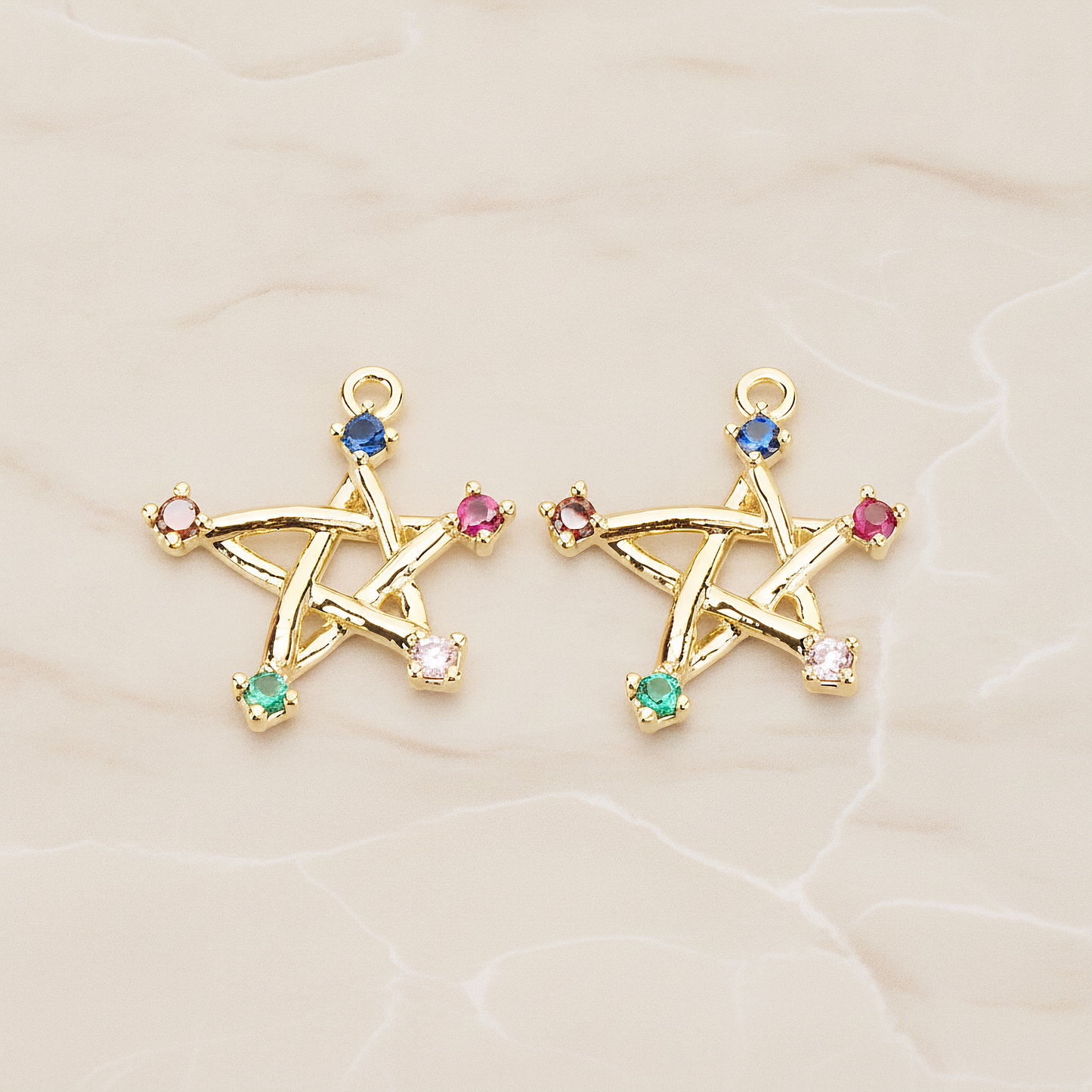 Chakra Colorful Cubic Unique Star Pendant, 2Pc on warm marble background (PD.1766)