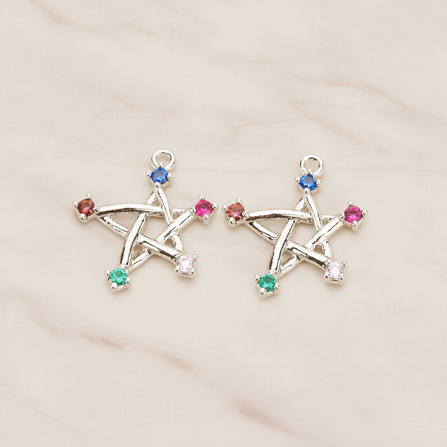 Chakra Colorful Cubic Unique Star Pendant, 2Pc on warm marble background (PD.1766)