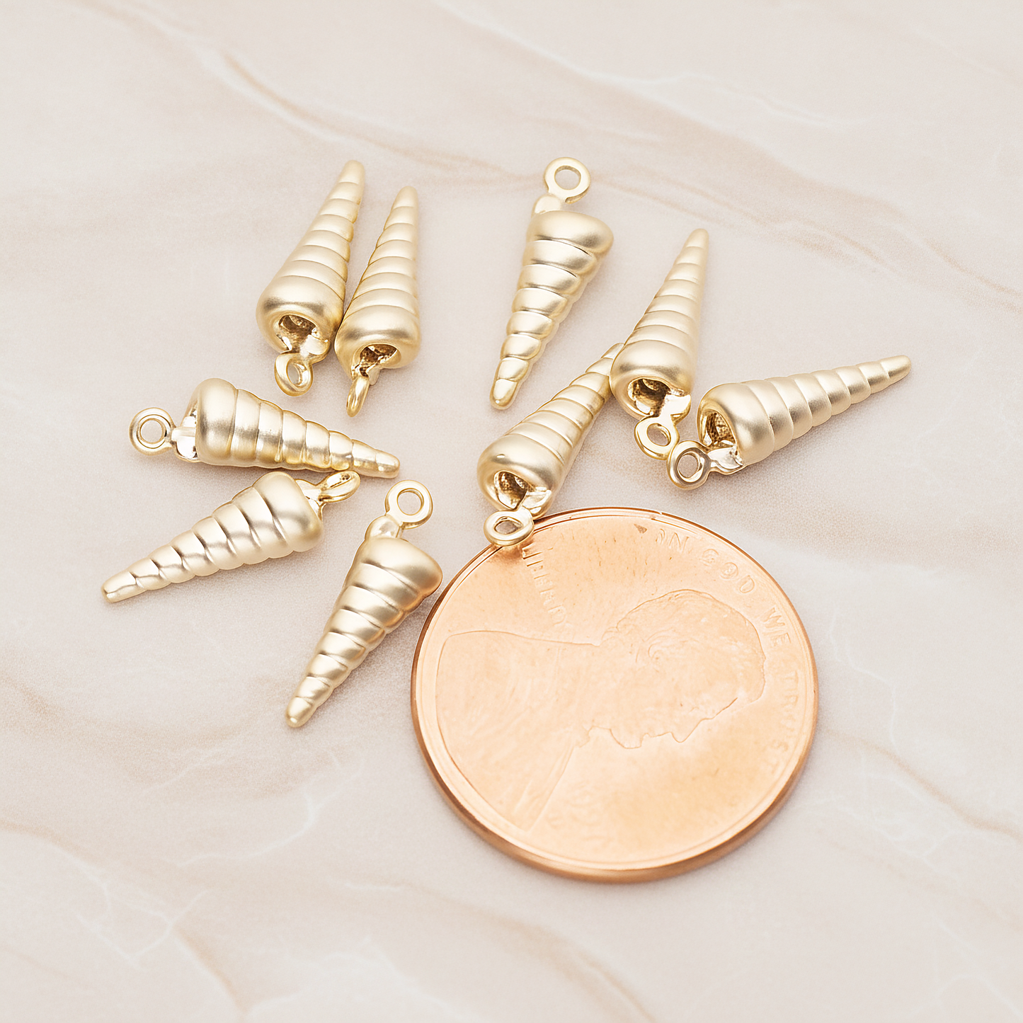Sea Shell, Skinny Conch Pendant, 2 Pc on warm marble background (PD.1800)