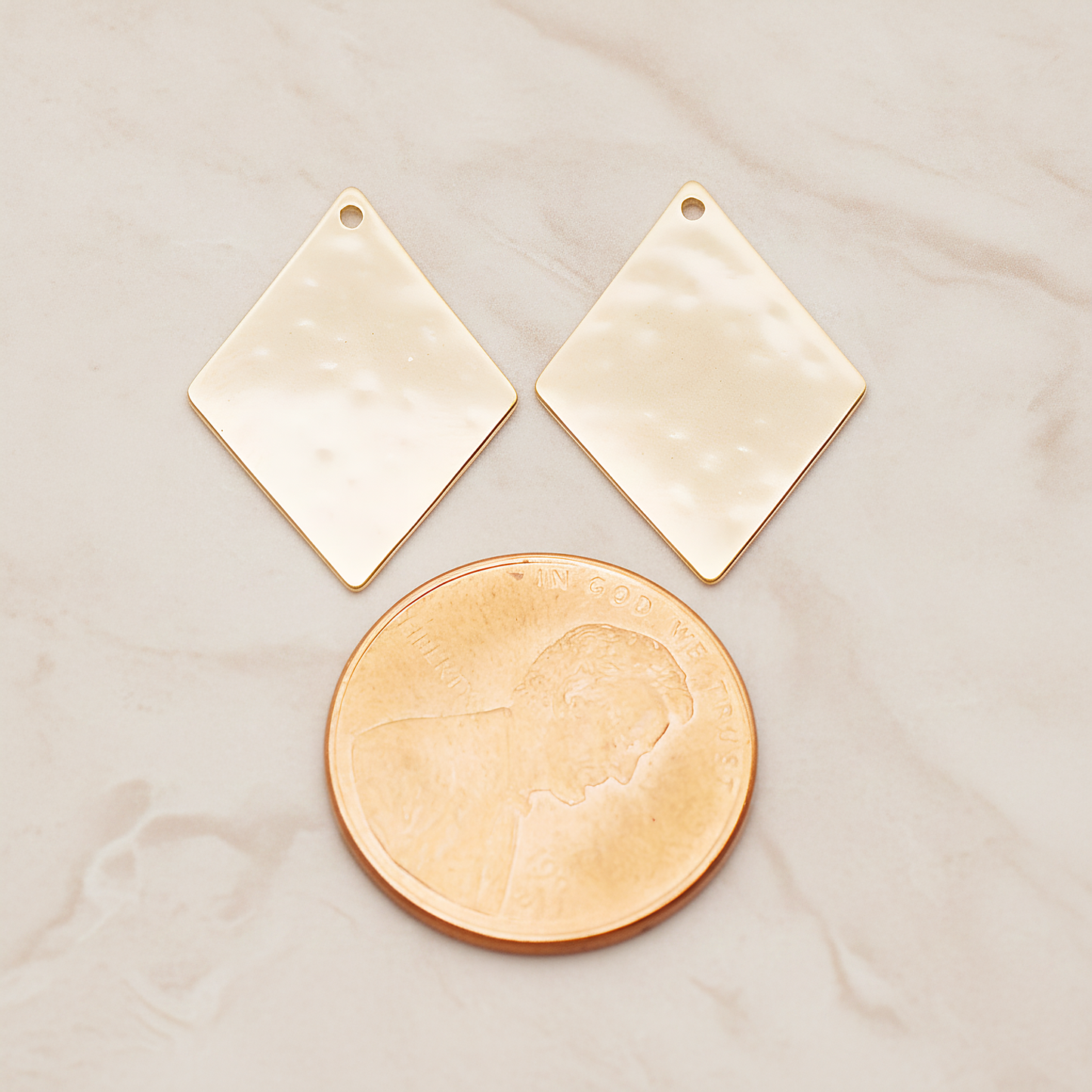 Large Rhombus Stamped Hammered Pendant, 2 Pc on warm marble background (PD.1827-02)