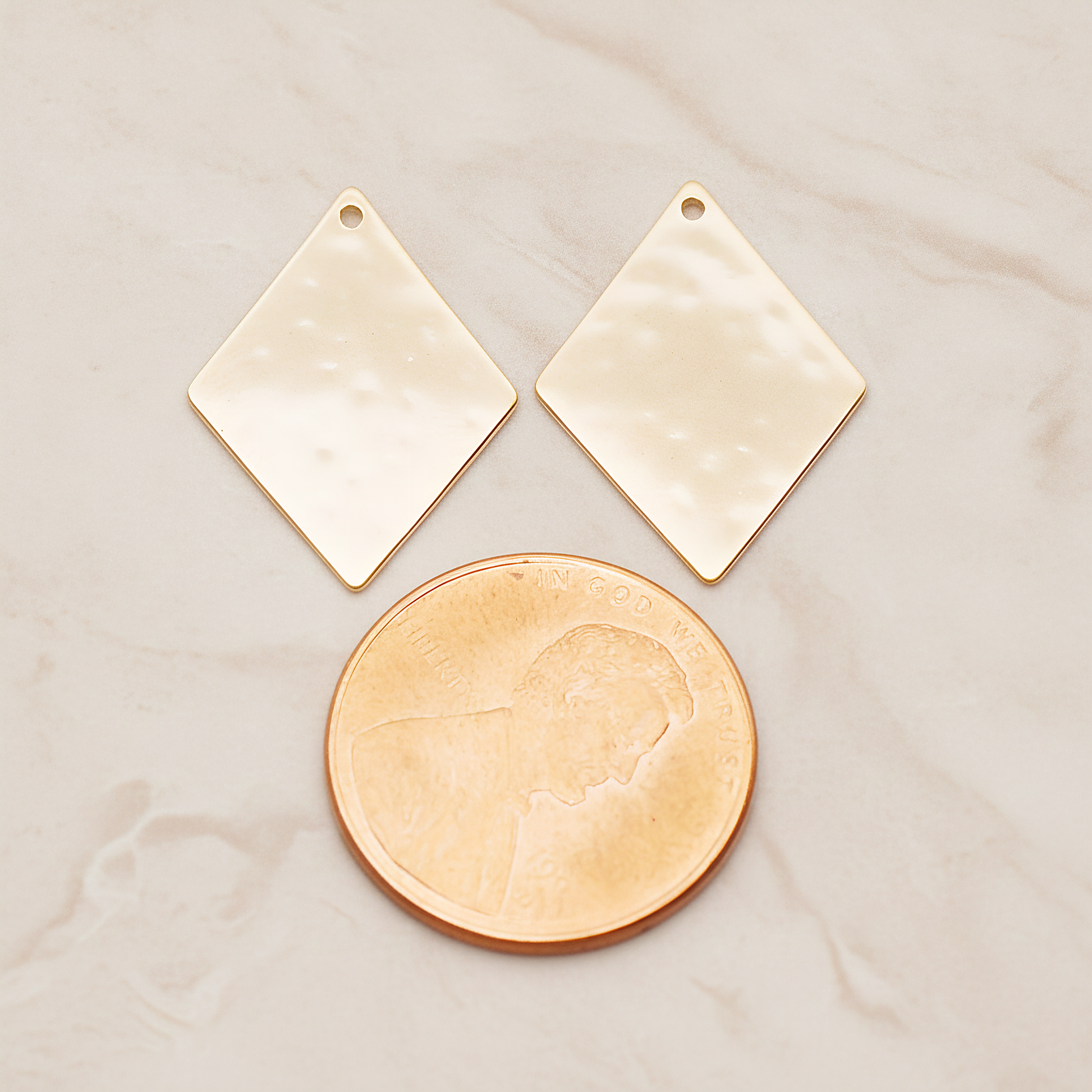 Large Rhombus Stamped Hammered Pendant, 2 Pc on warm marble background (PD.1827-02)