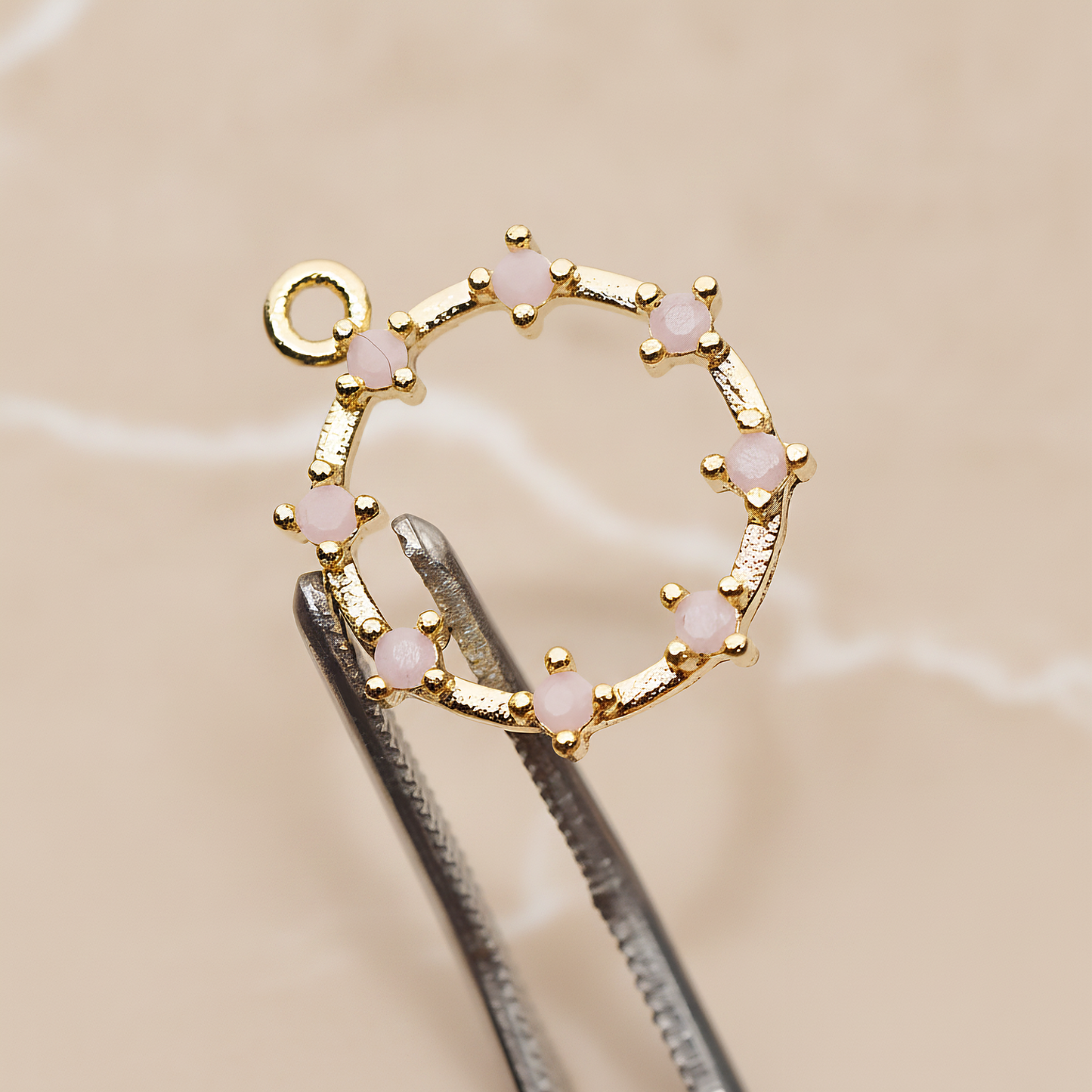 Crown of Beauty Round Cubic Pendant, 2 Pc on warm marble background (PD.1840)
