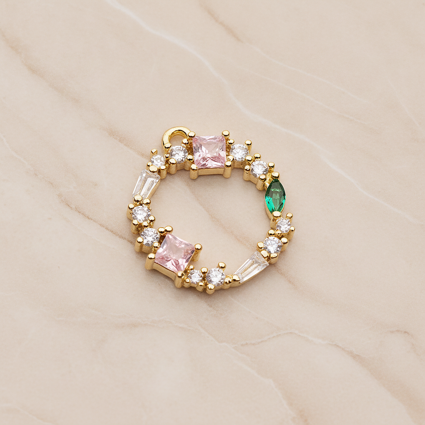 Crown of Beauty Round Cubic Pendant, 1 Pc on warm marble background (PD.1842)