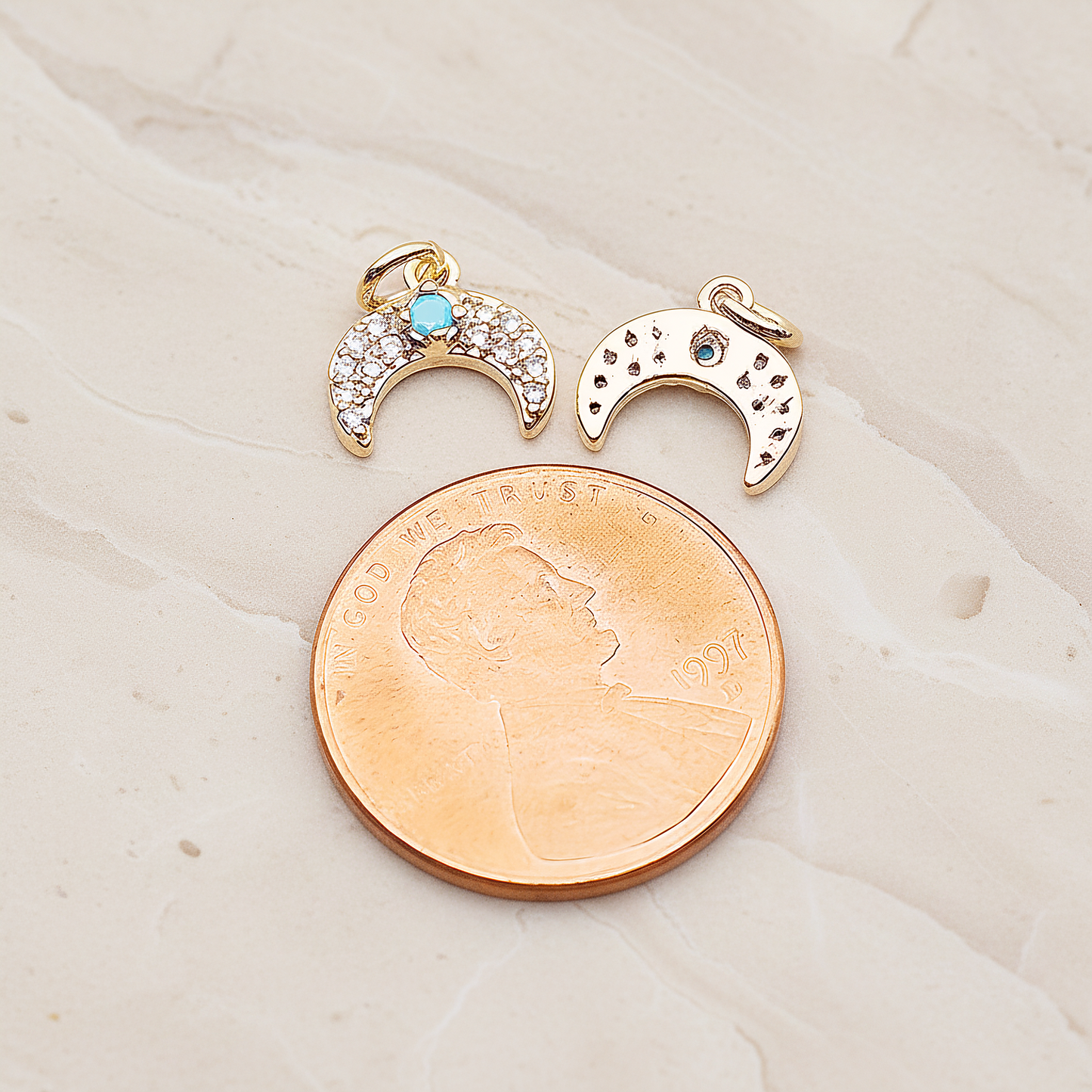 Reverse Crescent Moon Turquoise Cubic Pendant, 2 Pc on warm marble background (PD.1846)