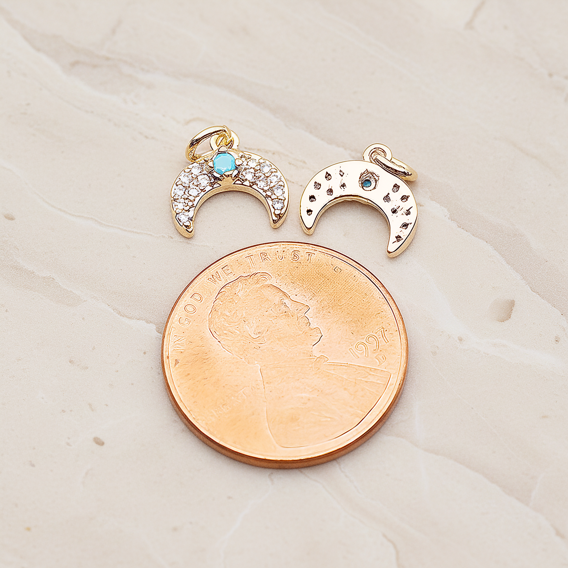 Reverse Crescent Moon Turquoise Cubic Pendant, 2 Pc on warm marble background (PD.1846)