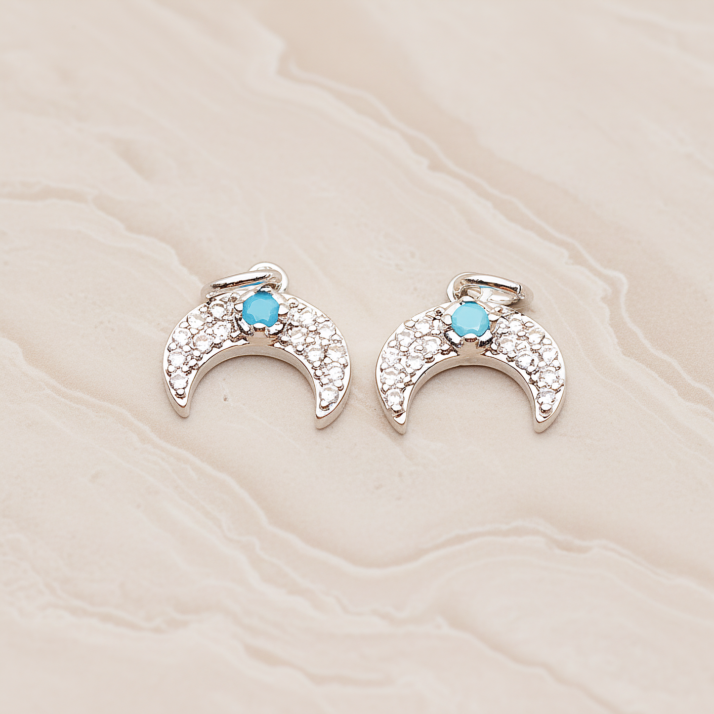 Reverse Crescent Moon Turquoise Cubic Pendant, 2 Pc on warm marble background (PD.1846)