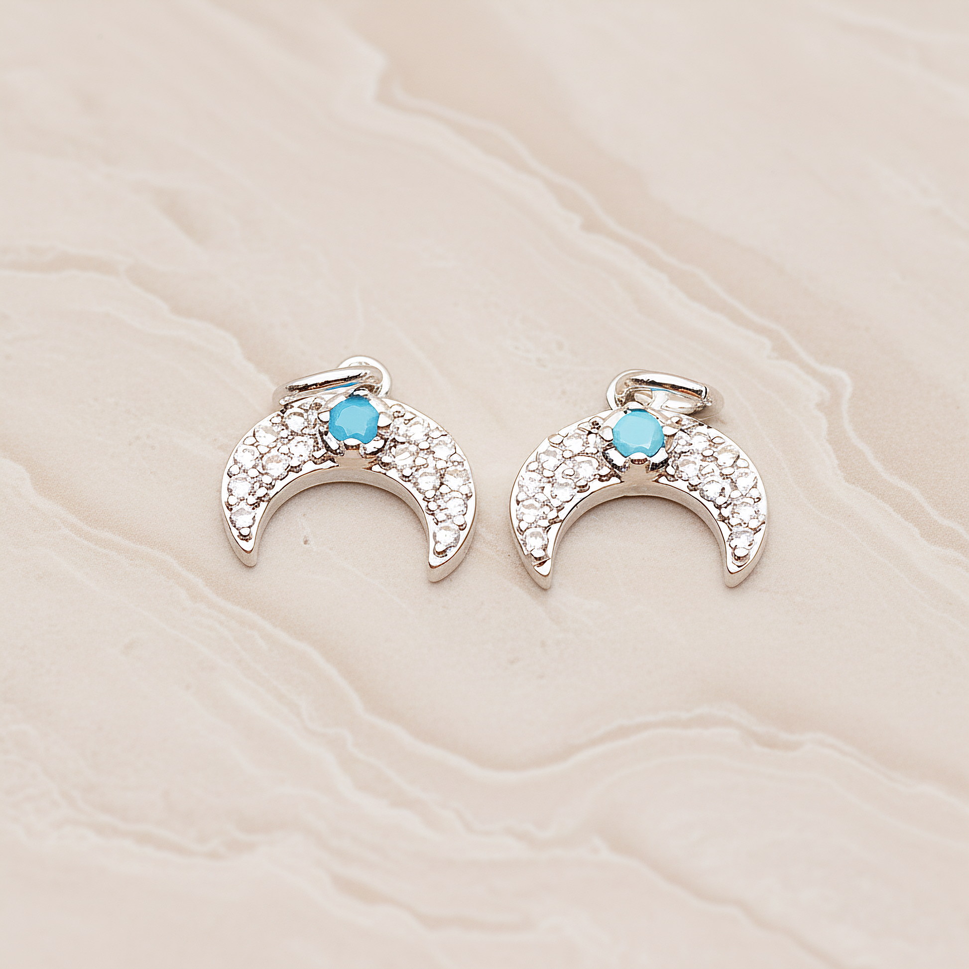 Reverse Crescent Moon Turquoise Cubic Pendant, 2 Pc on warm marble background (PD.1846)