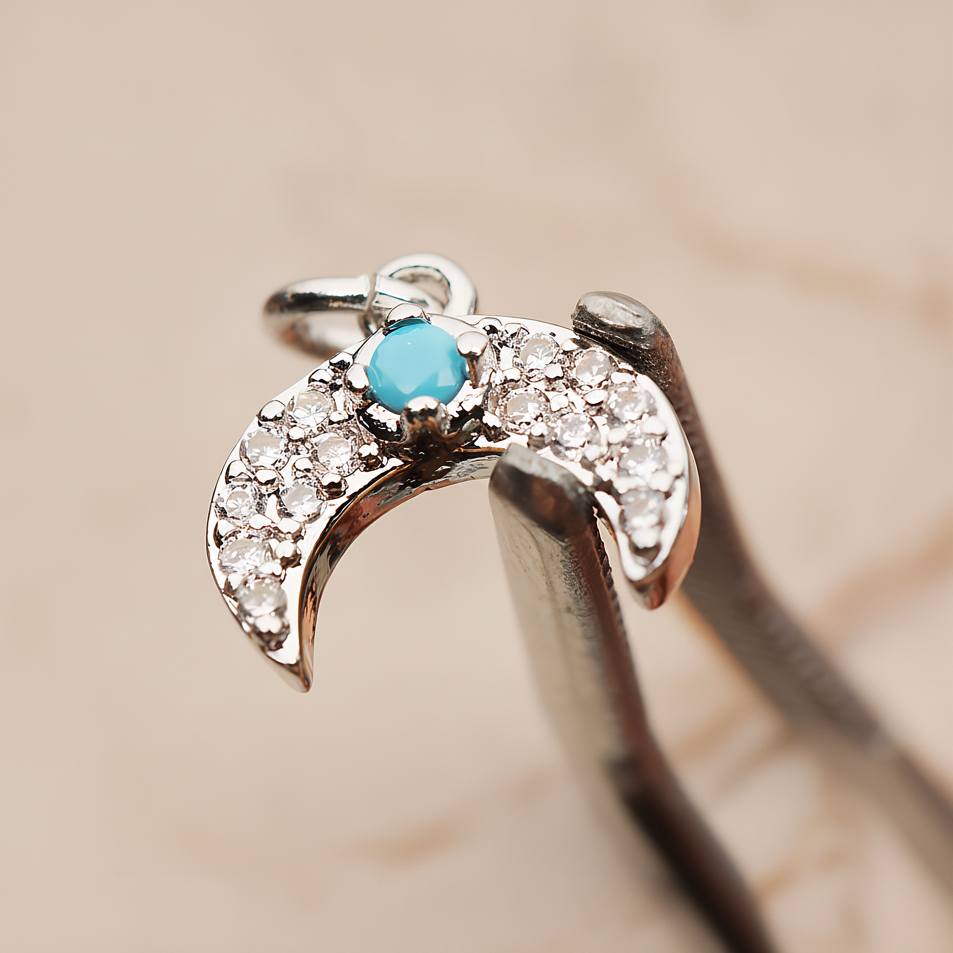 Reverse Crescent Moon Turquoise Cubic Pendant, 2 Pc on warm marble background (PD.1846)