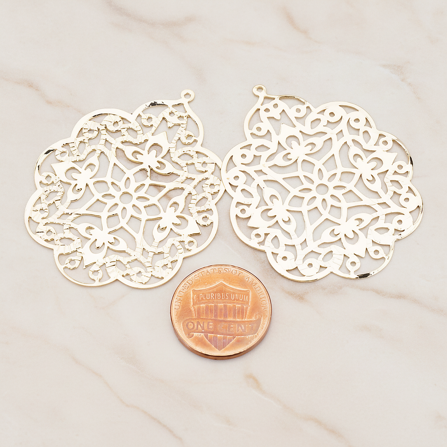 SMALL Gothic Filigree Pendant, 2 Pc on warm marble background (PD.209-01)