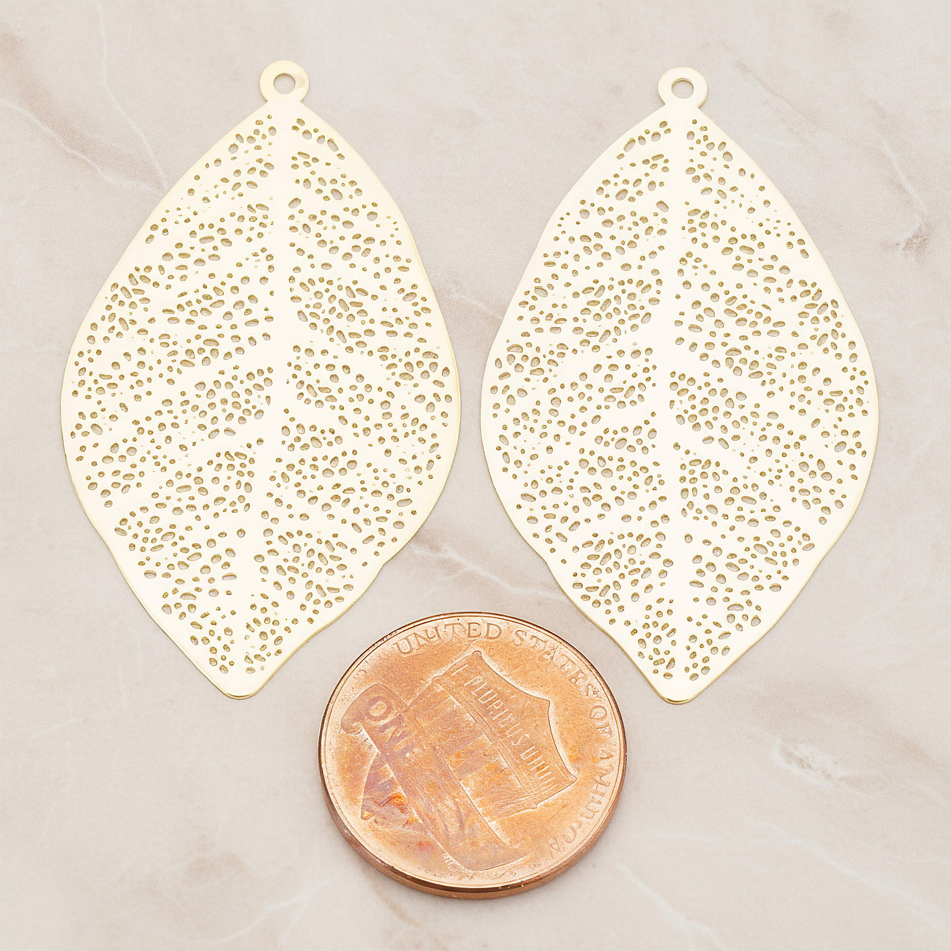 SMALL Filigree Leaf Pendant, 2 Pc on warm marble background (PD.216-01)
