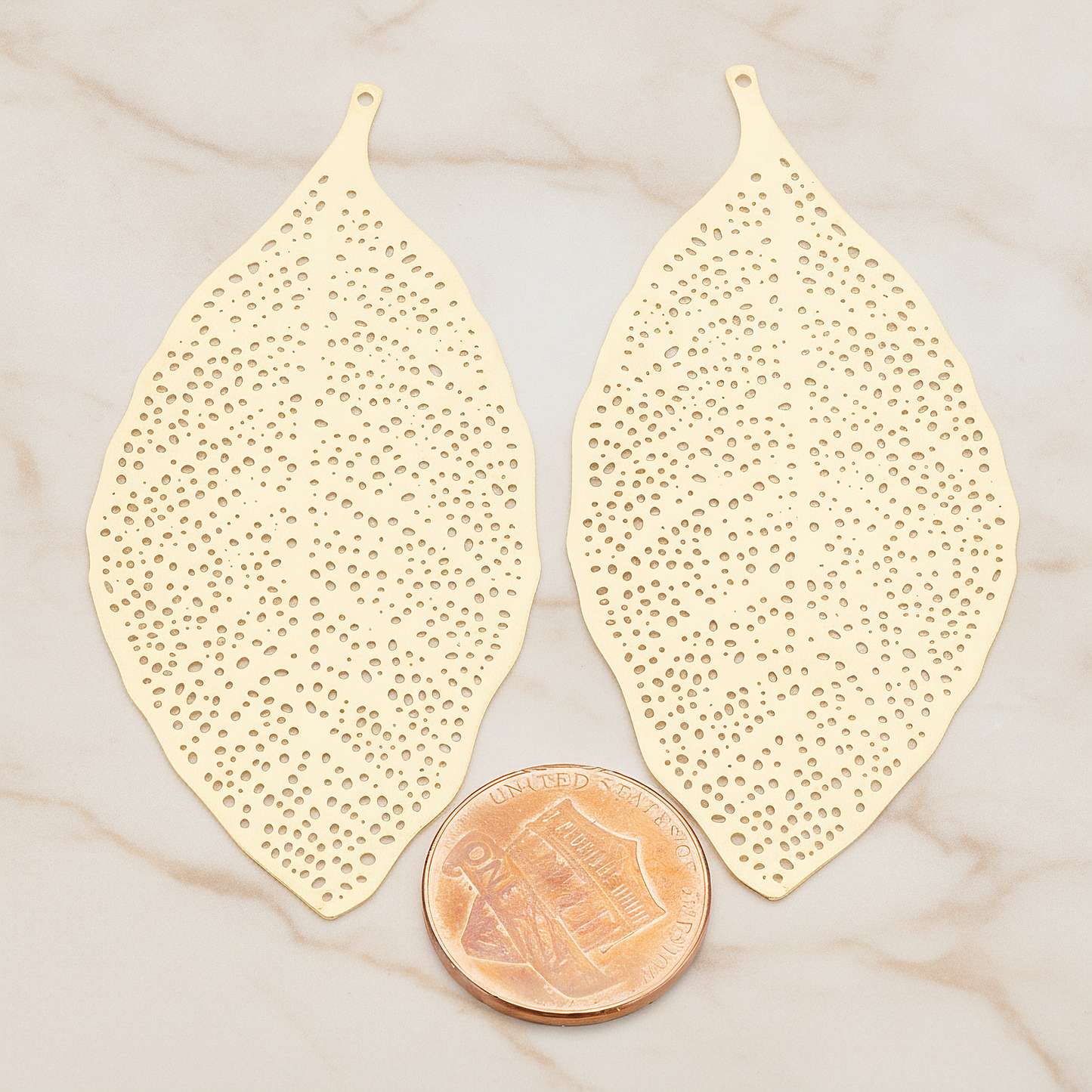 LARGE Filigree Leaf Pendant, 2 Pc on warm marble background (PD.216-02)