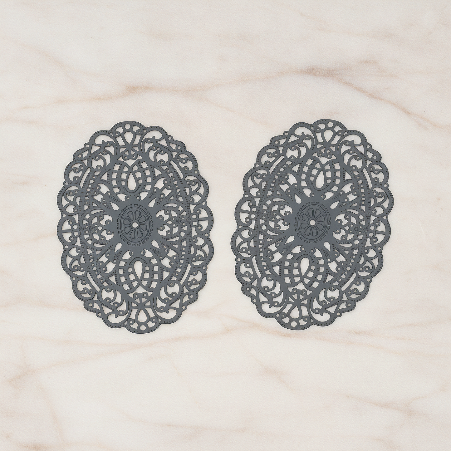 Vintage Gothic Filigree Oval Finding Pendant, 2 Pc on warm marble background (PD.223)