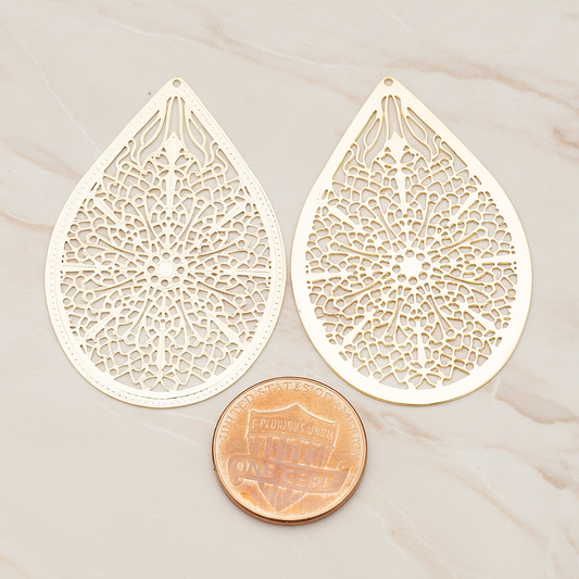 Cathedral Filigree Teardrop Pendant, 2 Pc on warm marble background (PD.229-01)