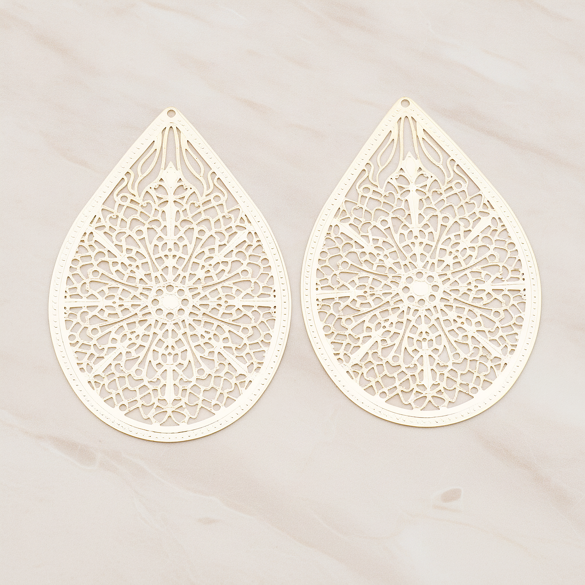 Cathedral Filigree Teardrop Pendant, 2 Pc on warm marble background (PD.229-01)