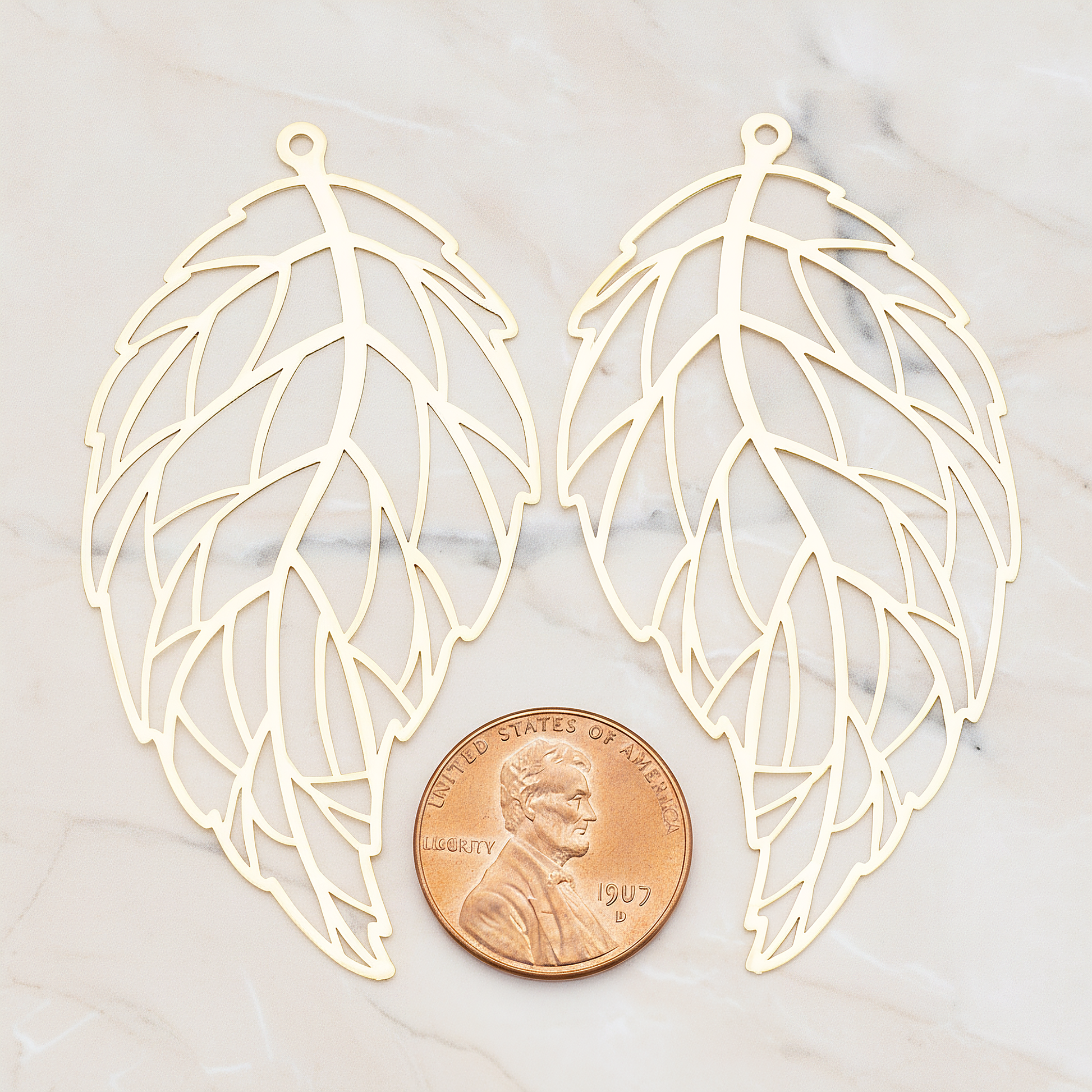 Filigree Vein Leaf Pendant, 2 Pc on warm marble background (PD.235)