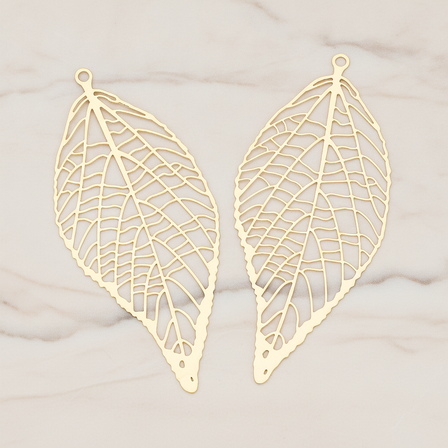 Pressed Filigree Vein Leaf Pendant,, 2 Pc on warm marble background (PD.243)