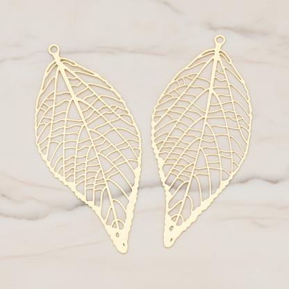 Pressed Filigree Vein Leaf Pendant,, 2 Pc on warm marble background (PD.243)