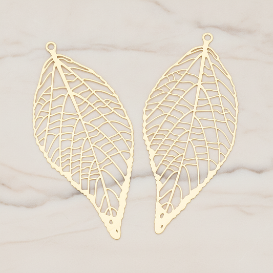Pressed Filigree Vein Leaf Pendant,, 2 Pc on warm marble background (PD.243)