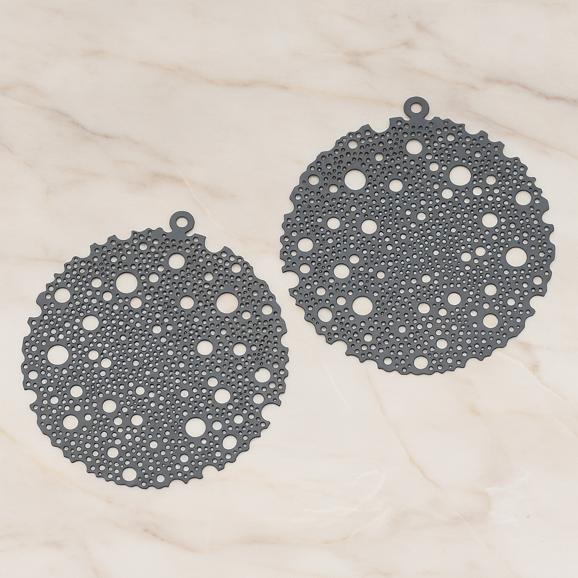 Filigree Round Dotted Moon Pendant, 2 Pc on warm marble background (PD.245)