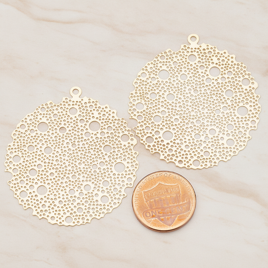 Filigree Round Dotted Moon Pendant, 2 Pc on warm marble background (PD.245)