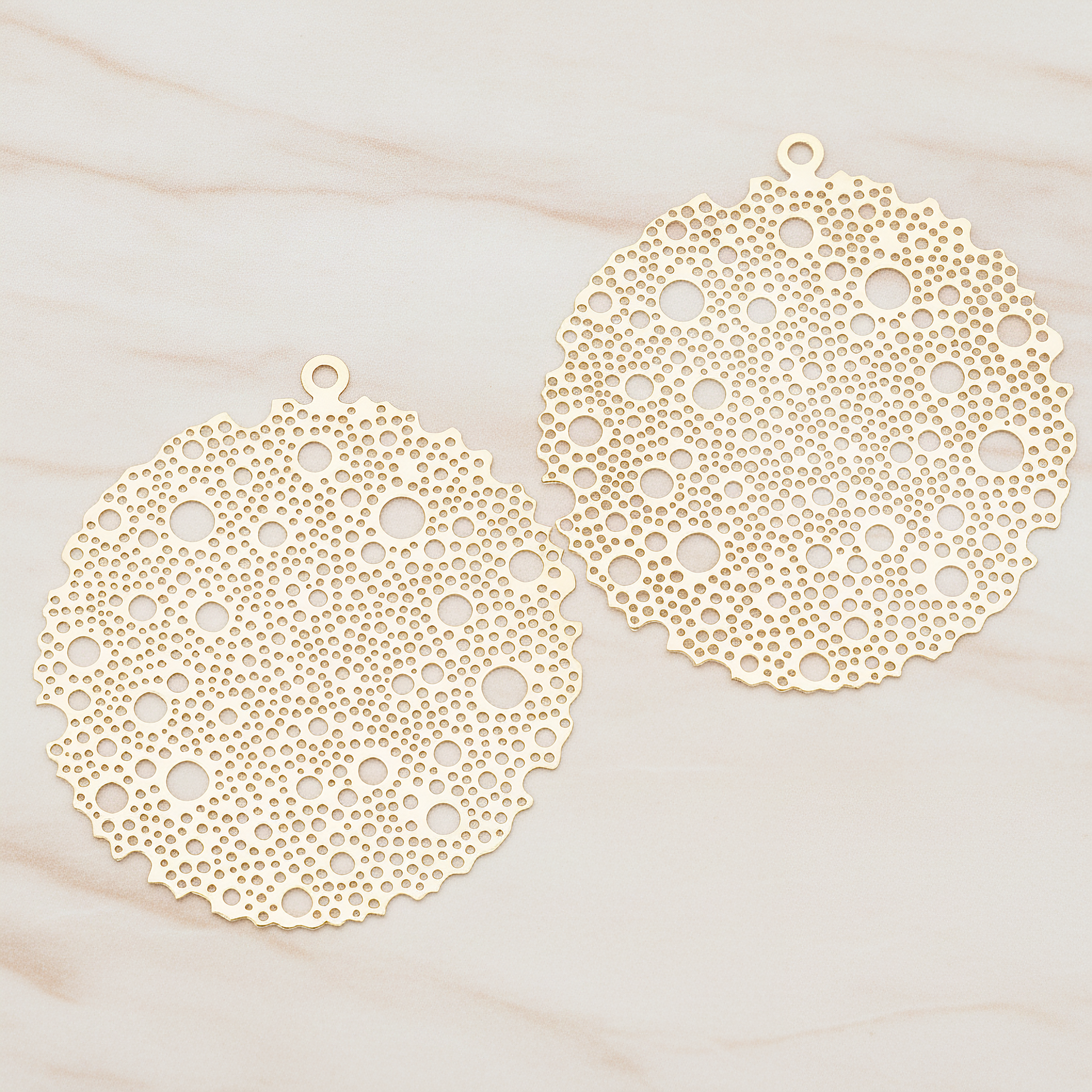Filigree Round Dotted Moon Pendant, 2 Pc on warm marble background (PD.245)