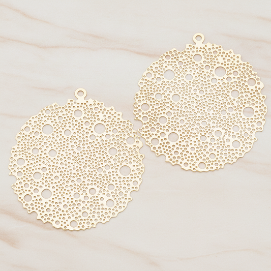 Filigree Round Dotted Moon Pendant, 2 Pc on warm marble background (PD.245)