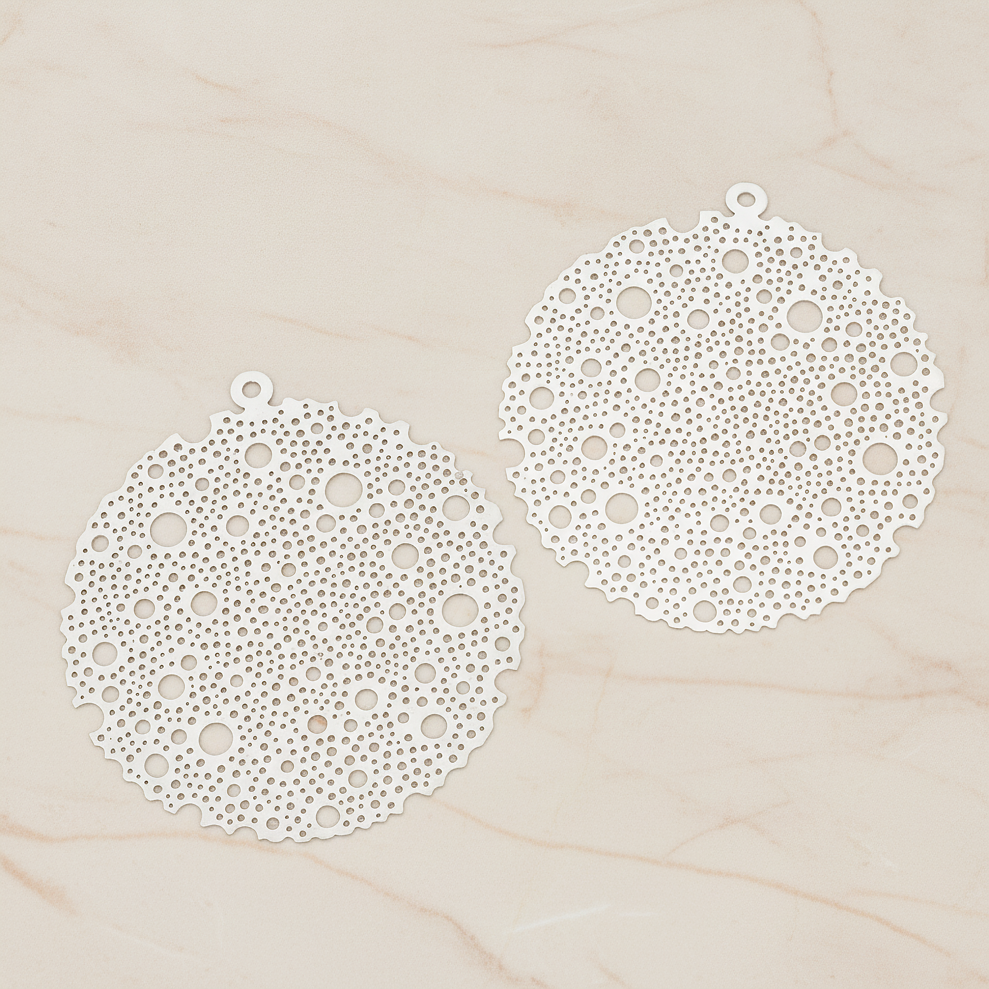 Filigree Round Dotted Moon Pendant, 2 Pc on warm marble background (PD.245)