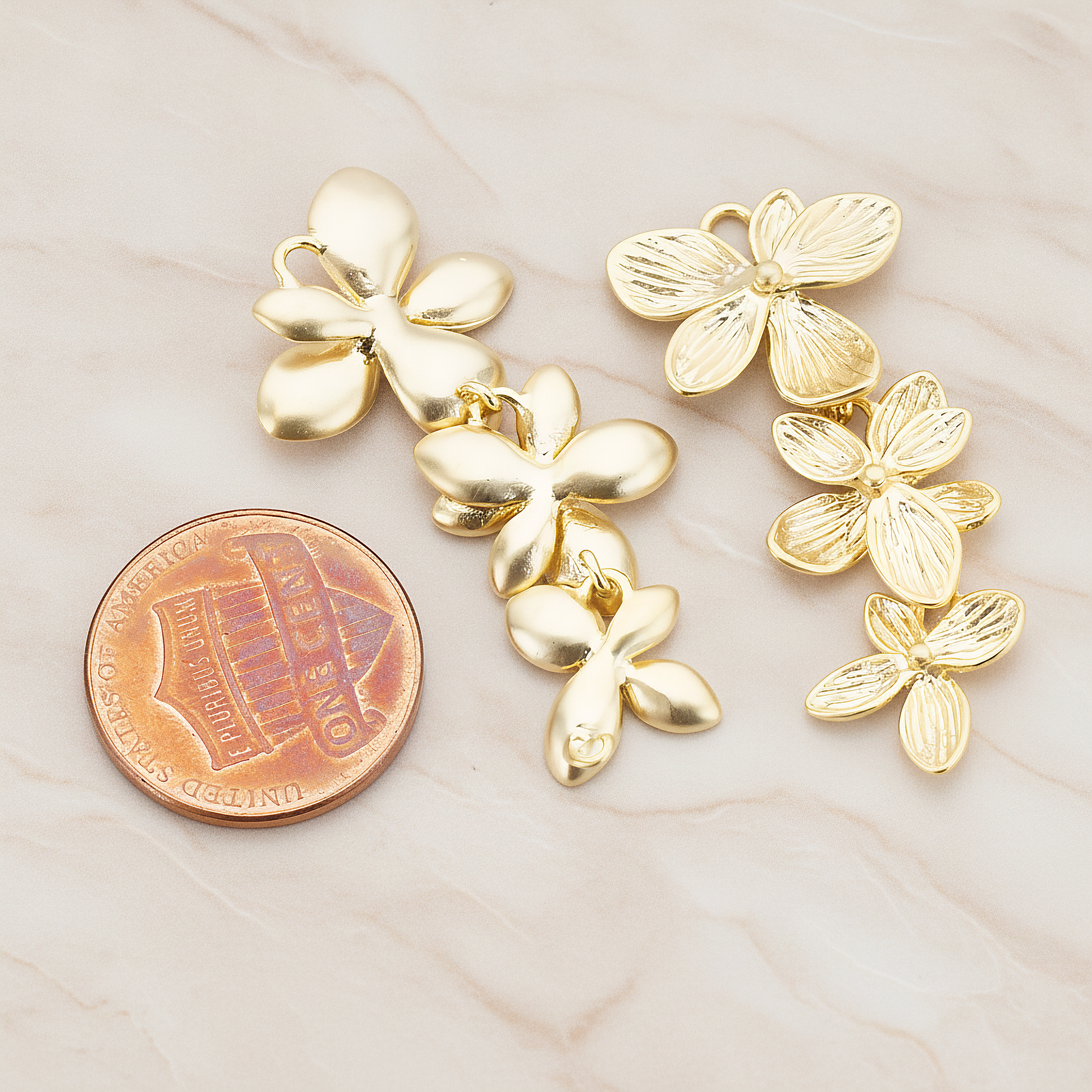 Double Layer Triple Flower Pendant, 2 Pc on warm marble background (PD.332)
