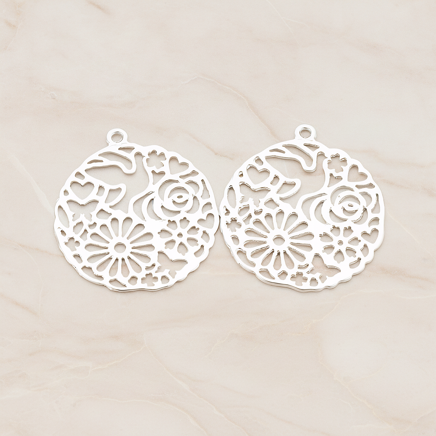 Daisy and Dove Round Pendant, 2 Pc on warm marble background (PD.340)
