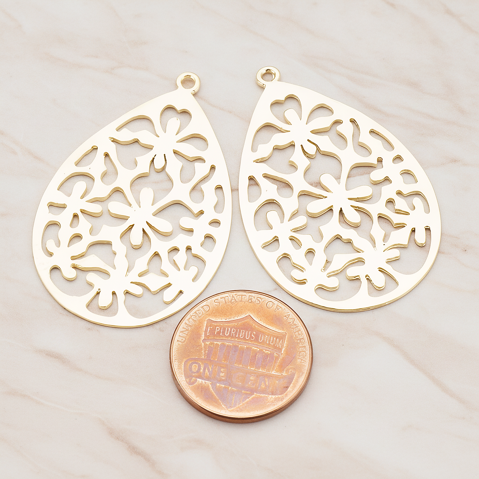 Floral Teardrop Pendant, 2 Pc on warm marble background (PD.478-01)