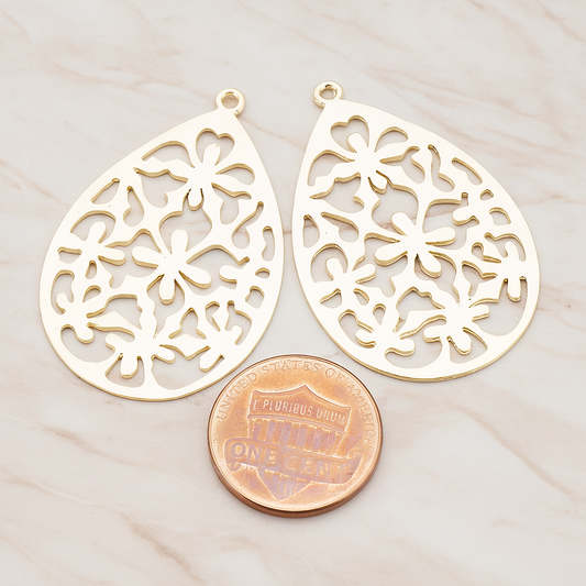 Floral Teardrop Pendant, 2 Pc on warm marble background (PD.478-01)