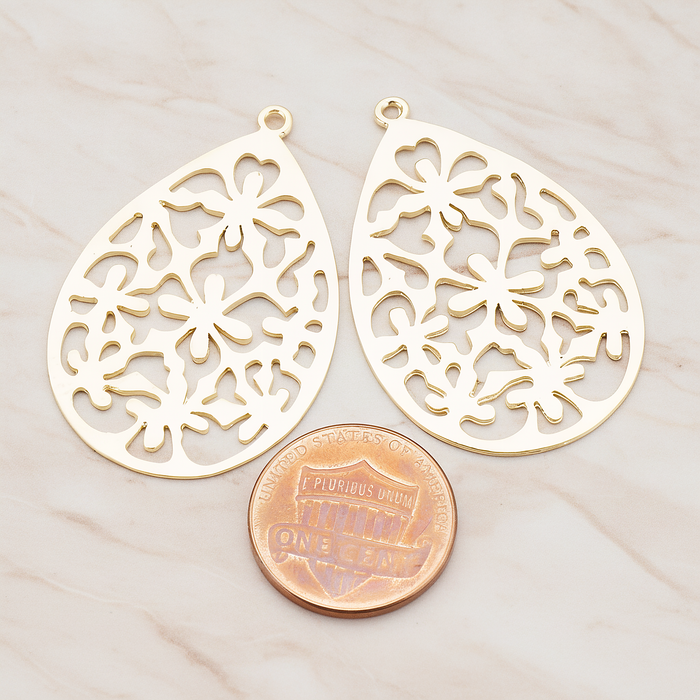 Floral Teardrop Pendant, 2 Pc on warm marble background (PD.478-01)
