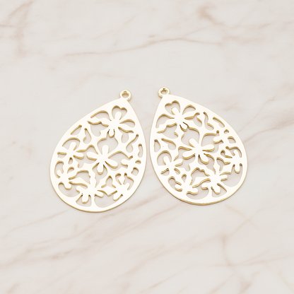 Floral Teardrop Pendant, 2 Pc on warm marble background (PD.478-01)