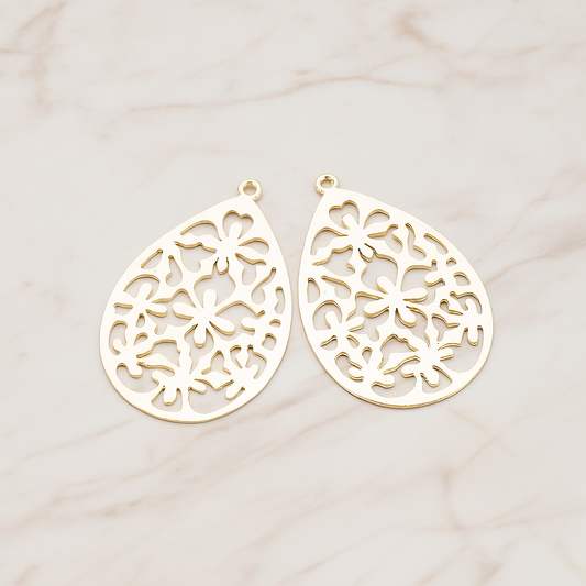 Floral Teardrop Pendant, 2 Pc on warm marble background (PD.478-01)