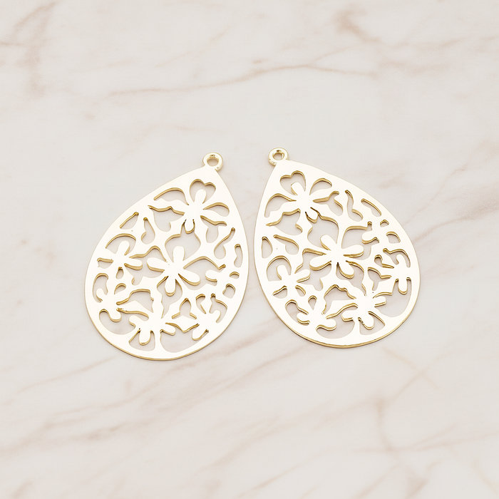 Floral Teardrop Pendant, 2 Pc on warm marble background (PD.478-01)