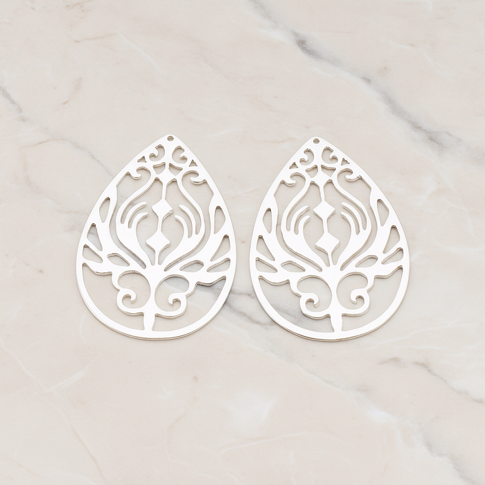Peacock In Teardrop Pendant, 2 Pc on warm marble background (PD.585)
