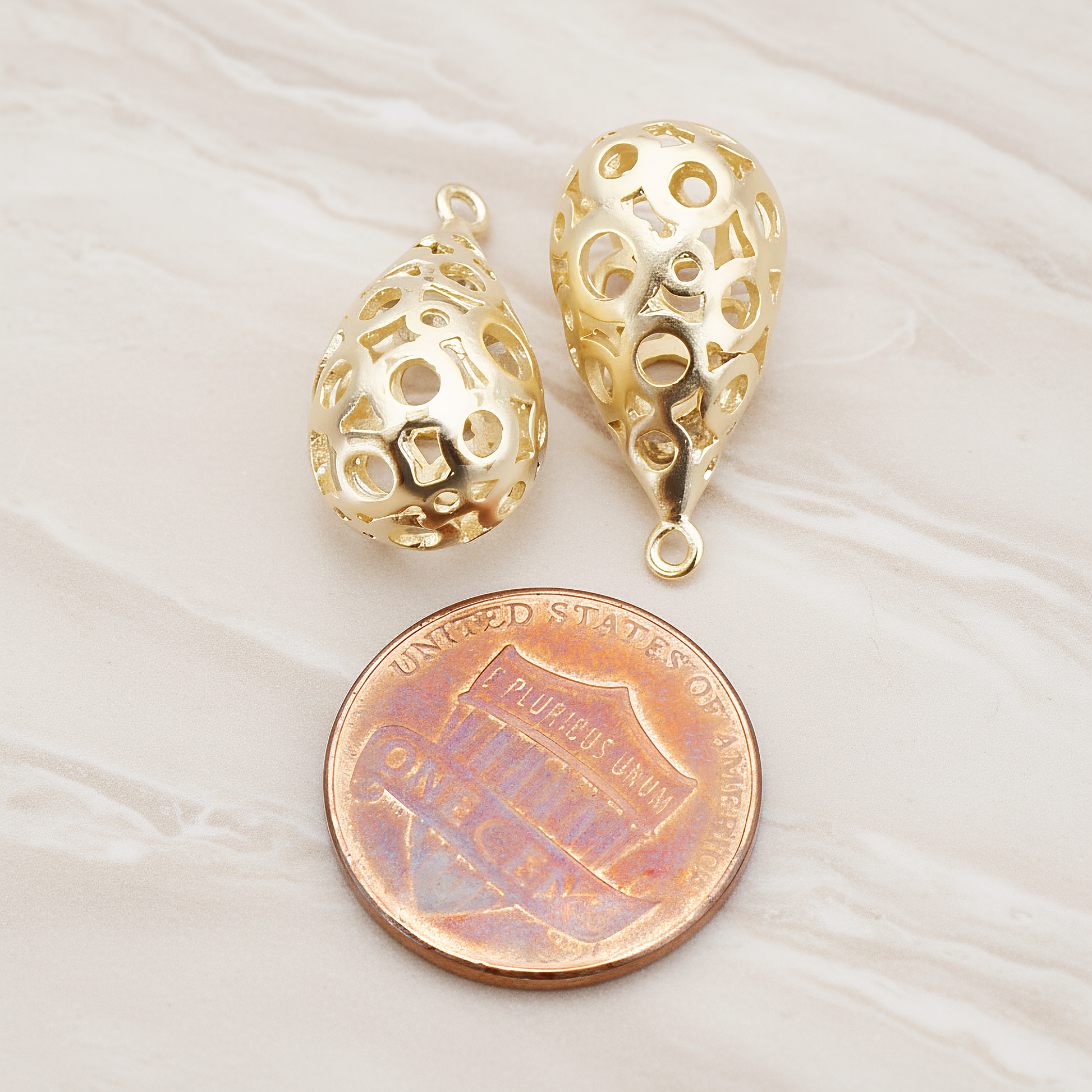 3D Textured Teardrop Charm Pendant, 2 Pc on warm marble background (PD.707)