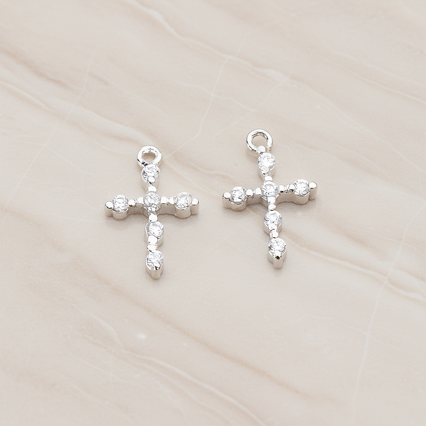 Clear Crystal Cubic Zirconia Setting Cross Pendant, 2 Pc on warm marble background (PD.751)
