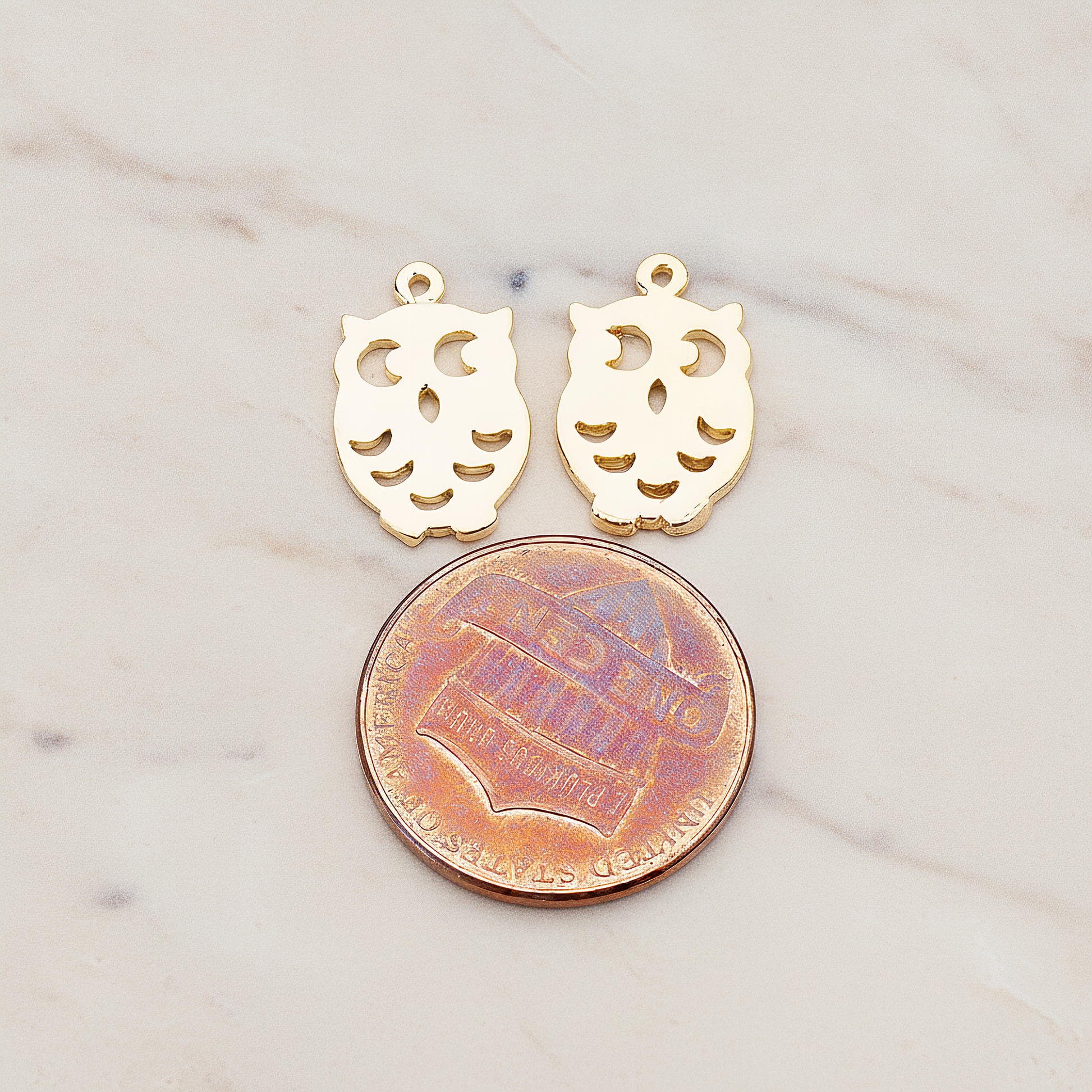Mini Owl Pendant, 2 Pc on warm marble background (PD.773)