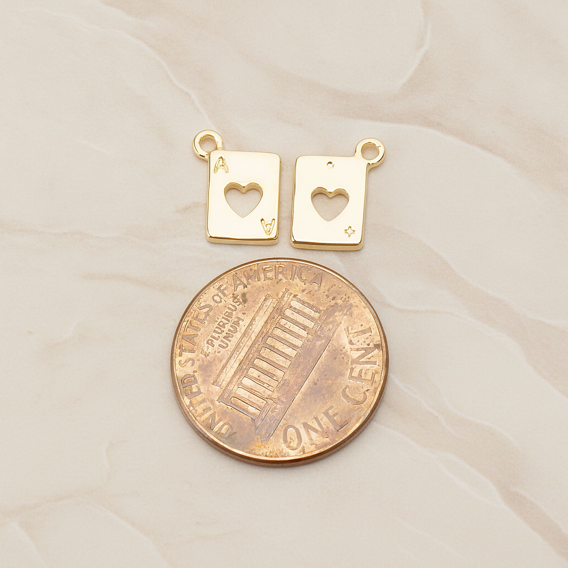 Heart Ace Trump Card Charm Pendant, 2 Pc on warm marble background (PD.811)