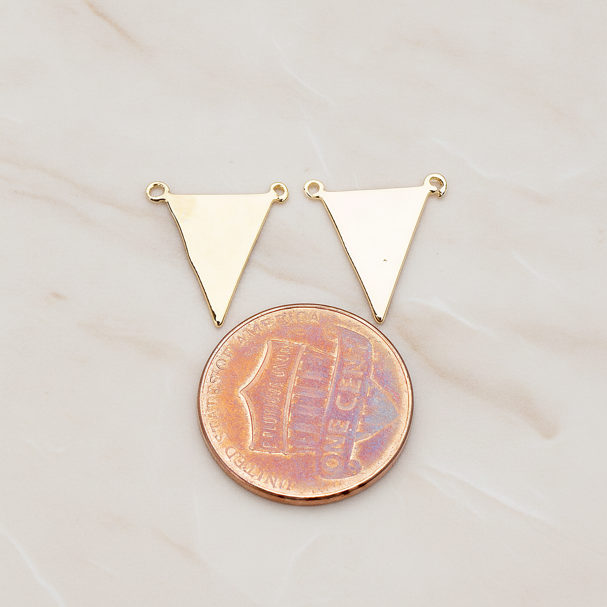 Plain Flat Triangle Double Loops Pendant, 2 Pc on warm marble background (PD.837)