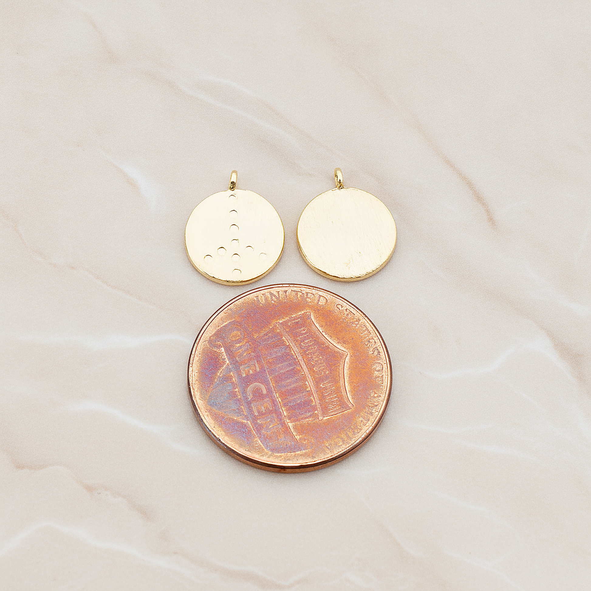 Peace Sign Brushed Round Tag Pendant, 2 Pc on warm marble background (PD.895)